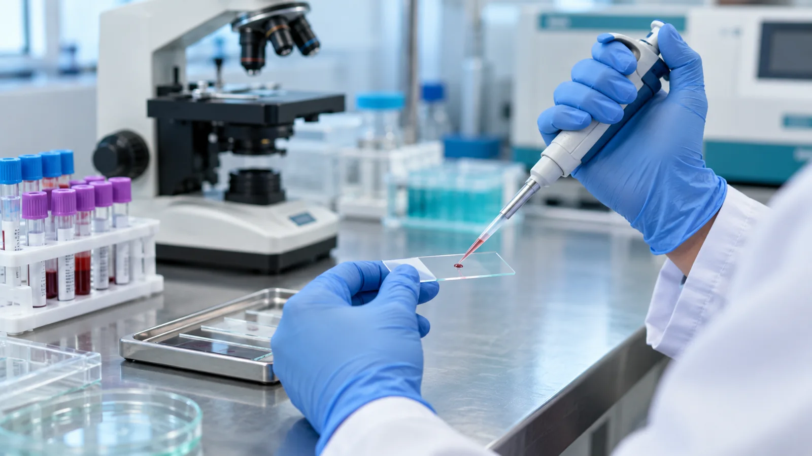 Illustrative gloved professional preparing a laboratory slide