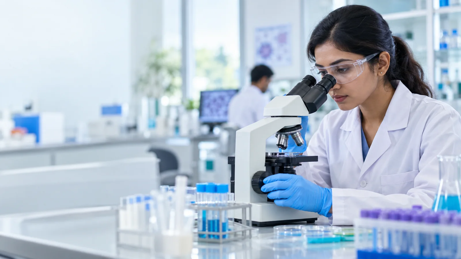 Illustrative laboratory professional working at a microscope